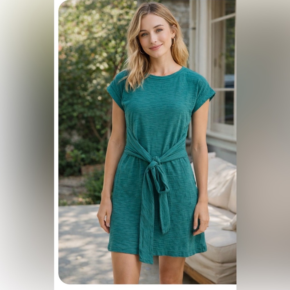 J.Crew Teal Tie Front Tee Dress Slub Cotton Cap Sleeve Casual Size M
